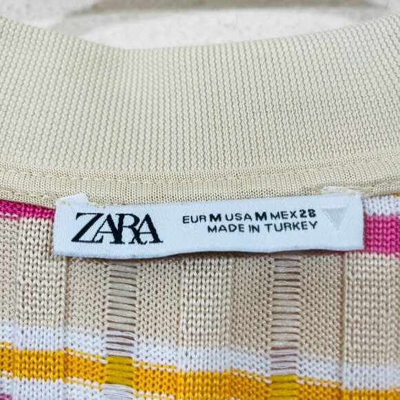 Zara Womens Size M Maxi Polo Dress Stretch‎ Striped Beige Pink Short Sleeve - Picture 4 of 8